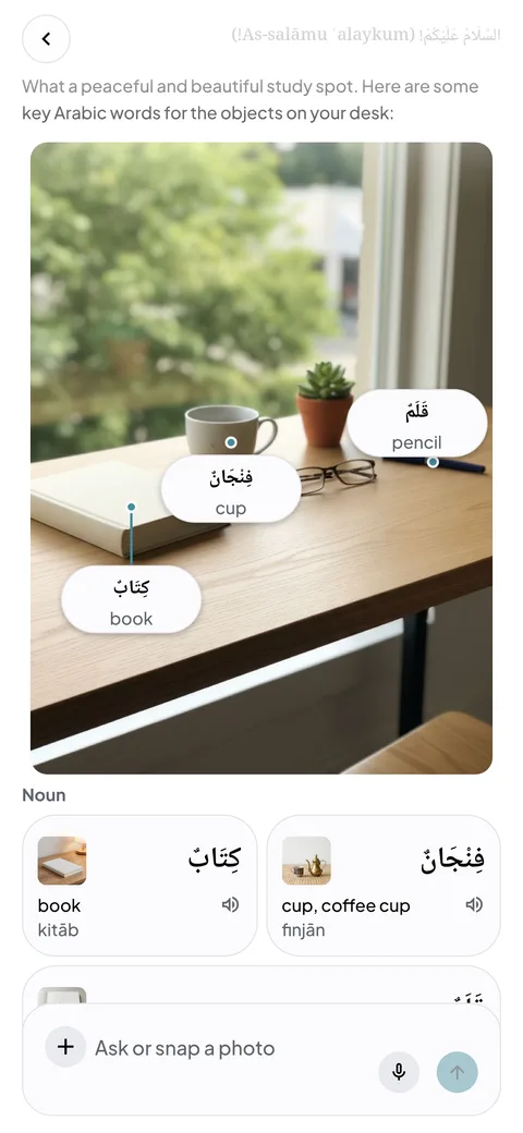 Word Cam — Arabic vocabulary cards pinned on the objects in your photo